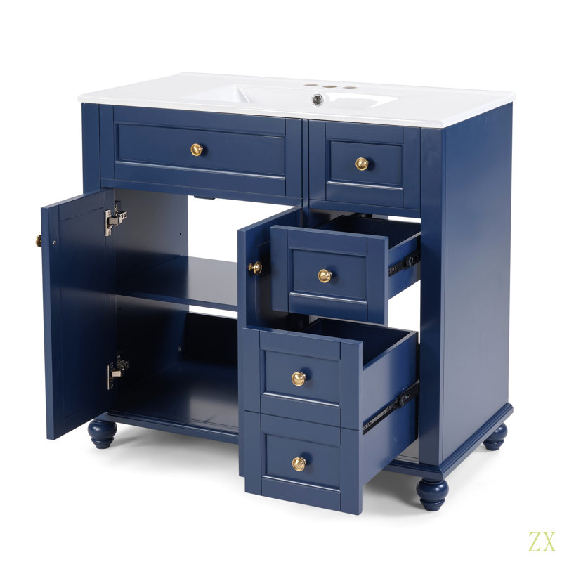 36" Bathroom Vanity With Ceramic Sink - Soft-Close Drawers, Solid Wood Frame, Multi-Organizer Storage , 92X47x86cm