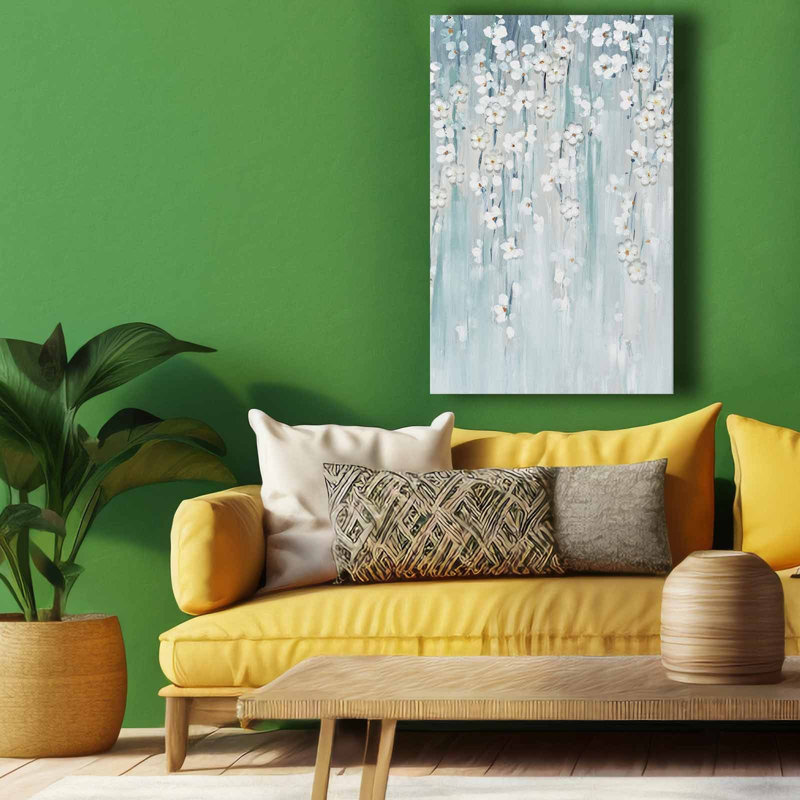 Cascading White Blossoms On Blue Canvas Wall Art