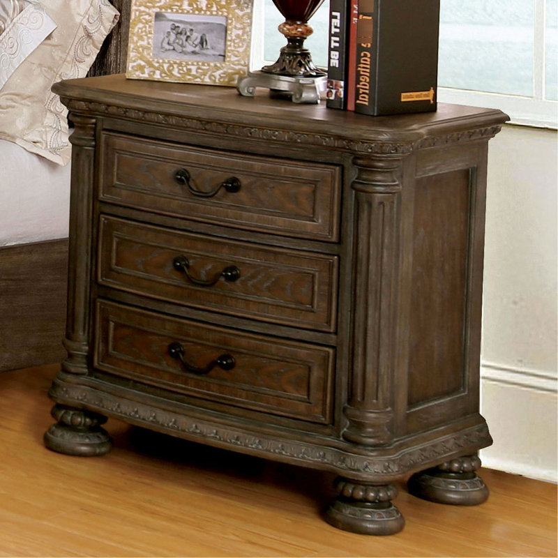 Chambre à coucher Table de chevet rustique en bois massif avec 3 tiroirs et poignée décorative en bronze