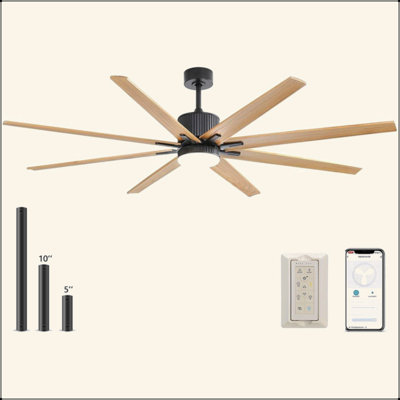 Ventilateur de plafond 76 pouces avec lumières, télécommande, 8 pales en bois massif avec lumière DEL à intensité variable de 18 W