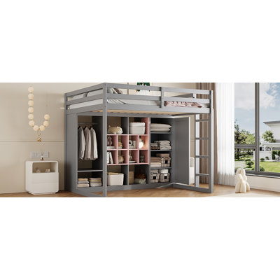 Lit mezzanine double gris et rose, avec garde-corps à lattes et garde-corps, tablettes de garde-robe ouvertes réversibles, l 57,6 po de largeur, bois massif et rangement, coffre-fort de plus de 6 ans, L 78,3 po