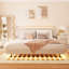 Grand cadre de lit flottant avec lumière DEL et base de lit tapissier avec tête de lit et espace de rangement caché, sans sommier tapissier, beige