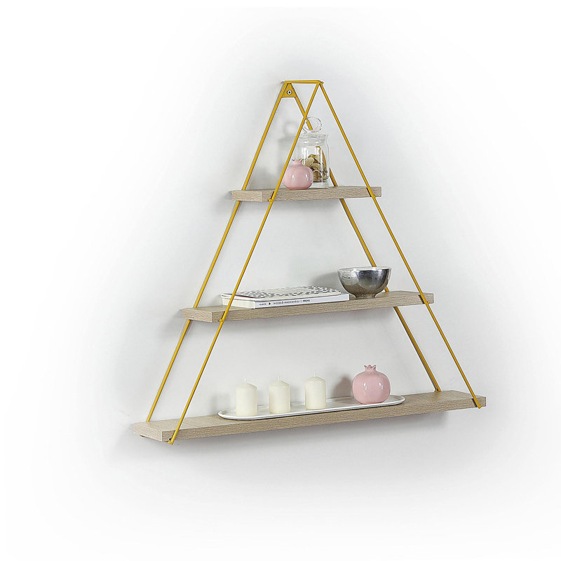 Moset Floating Wall Decor Wall Mounted Rustic Decorative Hanging Metal Bracket Triangle Shelf for Books, Oak/Yellow