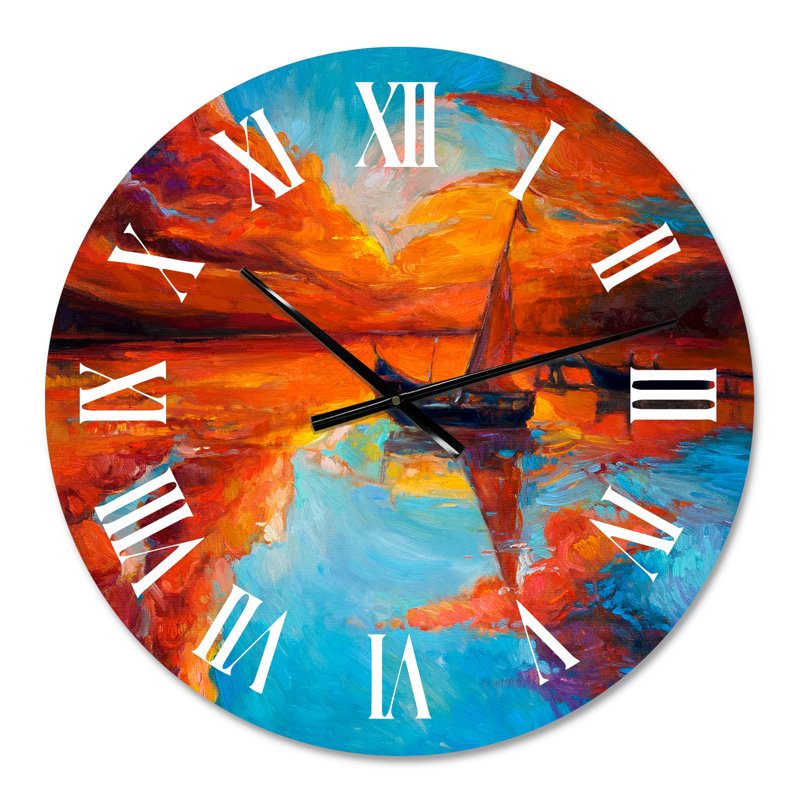 Petits bateaux arrivant au rivage au coucher du soleil - horloge murale traditionnelle, Petit