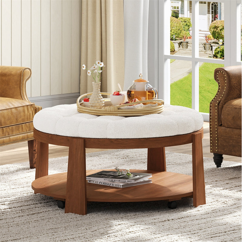 Table basse rembourrée avec tablette, Ivoire ivoire