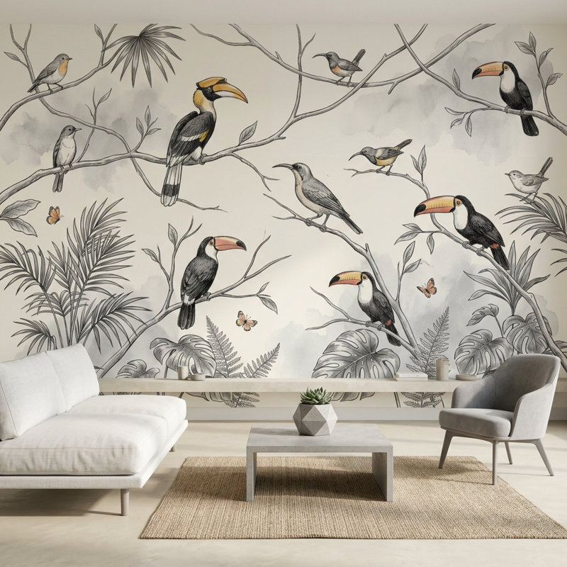 Papier peint oiseaux tropicaux, oiseaux exotiques, oiseaux de la jungle, 100 po x 96 po, Peler et coller