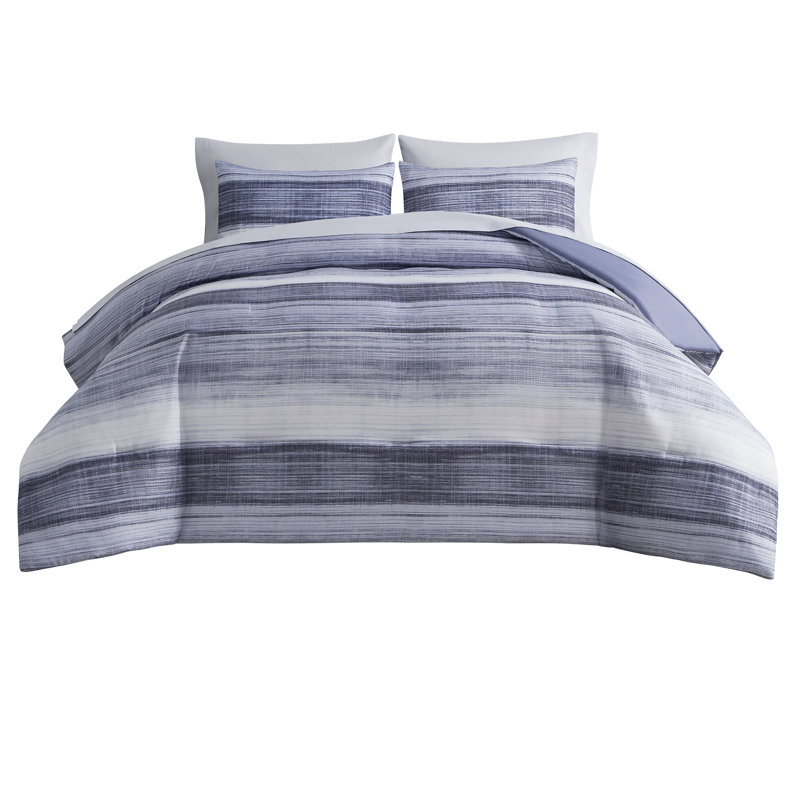 Alix 7pc Watercolor Striped Bed in a Bag Reversible Comforter Set with bed sheets, Queen, 7, Blue