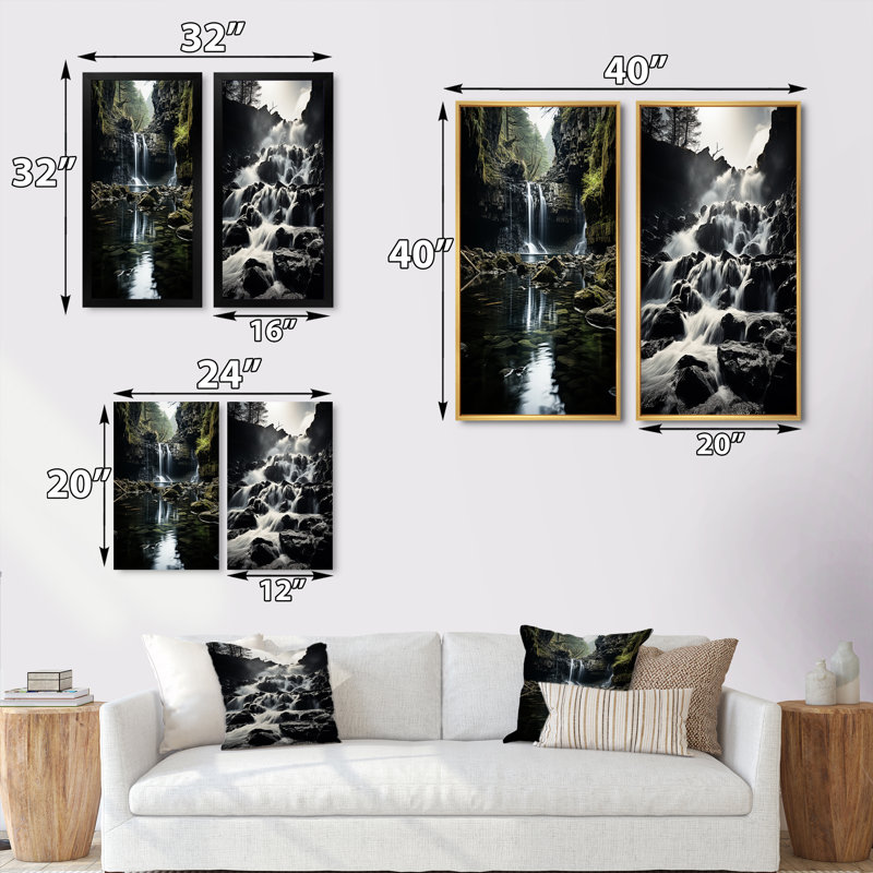 «Grey Green Waterfall Cascading Reflections», 2 pièces, H 32 po x l 32 po, Encadrement brun