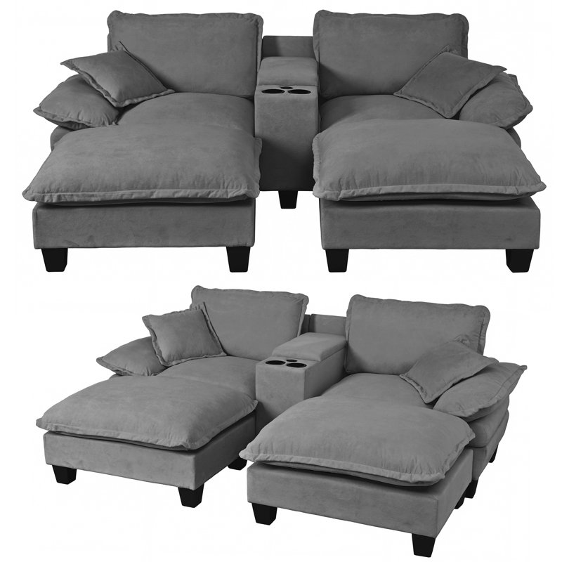 Canapé modulaire en nuage à 4 places, canapé modulaire en U avec porte-gobelets, rangement et port USB, 2 repose-pieds et 2 coussins, tissu en chenille doux pour la vie en appartement