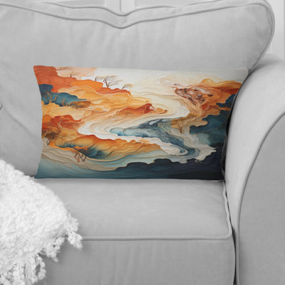 Abstract Orange And Blue River Ink I - Abstract Marble Printed Throw Pillow
