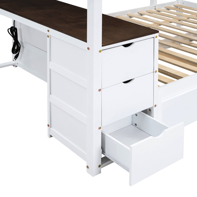 Lit superposé avec rangement, prises de courant, bureau blanc + bureau en noyer, lit gigogne simple et prises électriques -