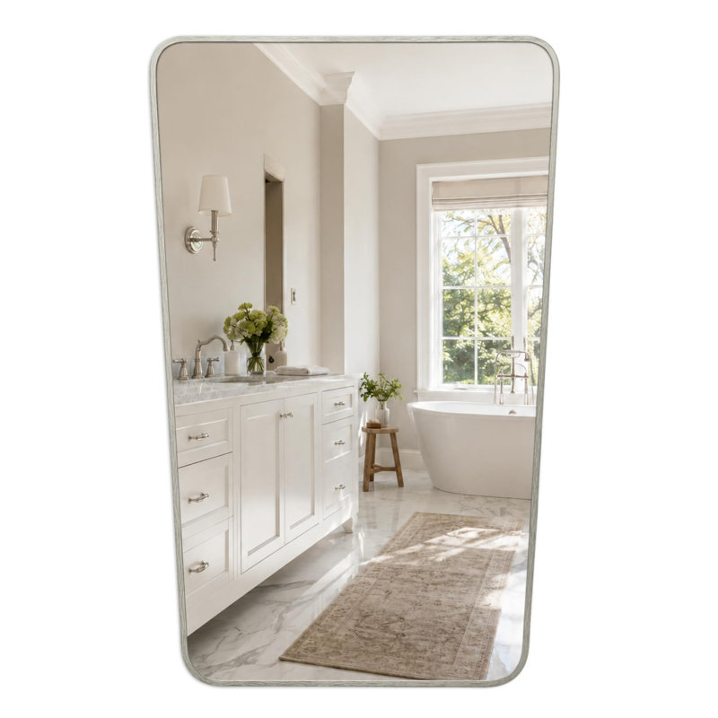Miroir d'appoint arrondi, miroir de salle de bain géométrique à cadre géométrique, Nickel brossé