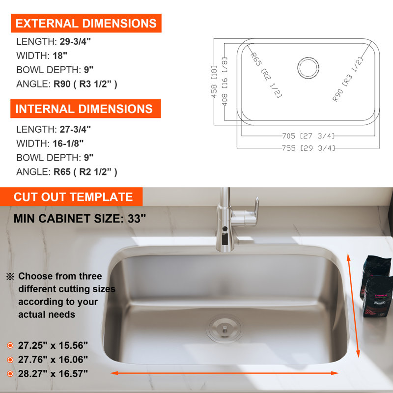 Blenzia 30 Inch Undermount Kitchen Sink Curved Shape Round Corner 18 Gauge 304 Stainless Steel Single Bowl Sinks with Strainer 30" x 18" x 9"