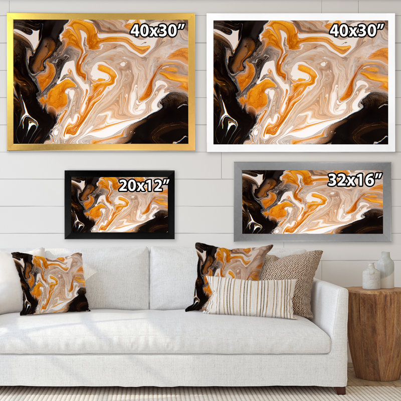 Orange et vagues de marbre noir I - peinture sur toile, H 24 po x l 32 po x P 1 po, Cadre noir