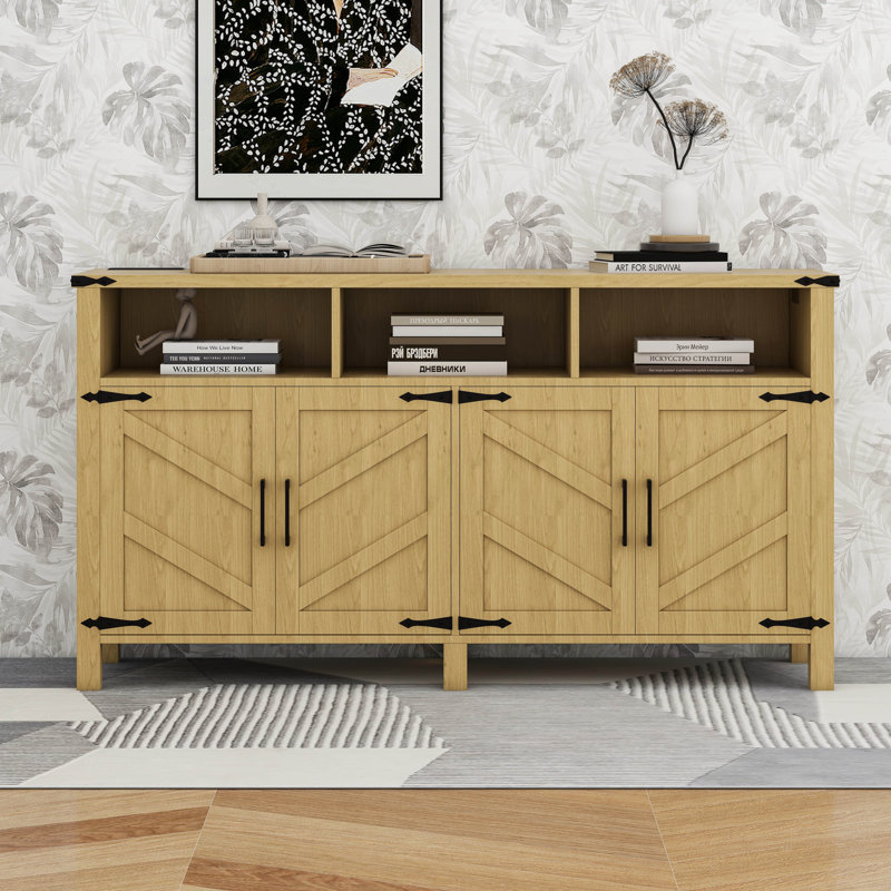 Modern 4-Door Sideboard Buffet With Adjustable Shelves And Half-Open Storage Cabinet, Natural Wood