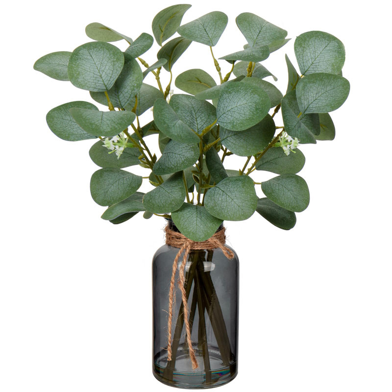 14" Frosted Green Eucalyptus Stems in Black Glass Vase