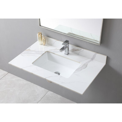 Dessus de meuble-lavabo de 37 pouces avec élément en pierre frittée dorée, lavabo rectangulaire en céramique et trou de robinet - finition option moderne, attrait douille