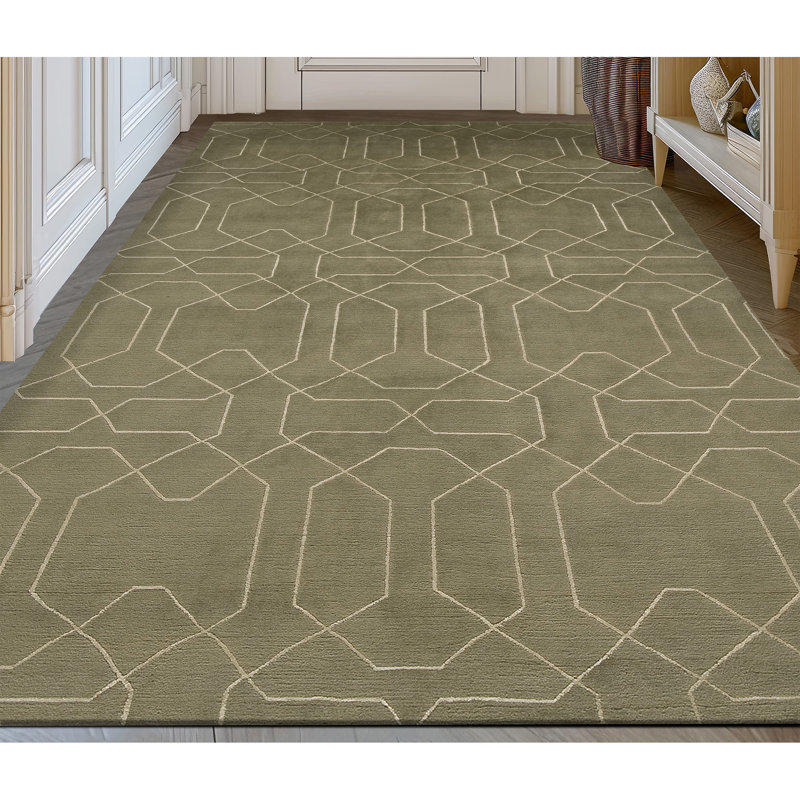 Tapis noué à la main olive / ivoire, Rectangulaire 3 pi x 5 pi