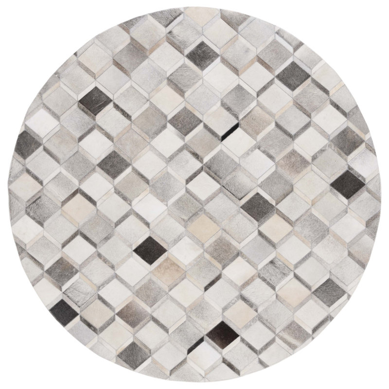 Sebring Hand Woven Leather/Felted Cloth Geometric Rug in Ivory/Gray, Round 6'