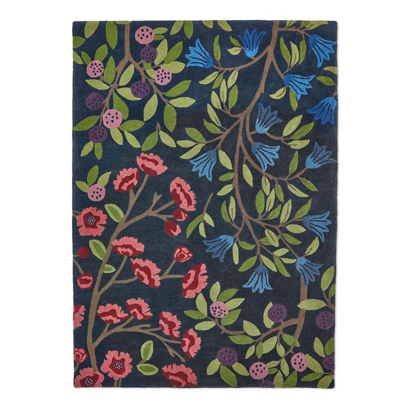 Midnight Blue Floral Hand Tufted Wool Rug