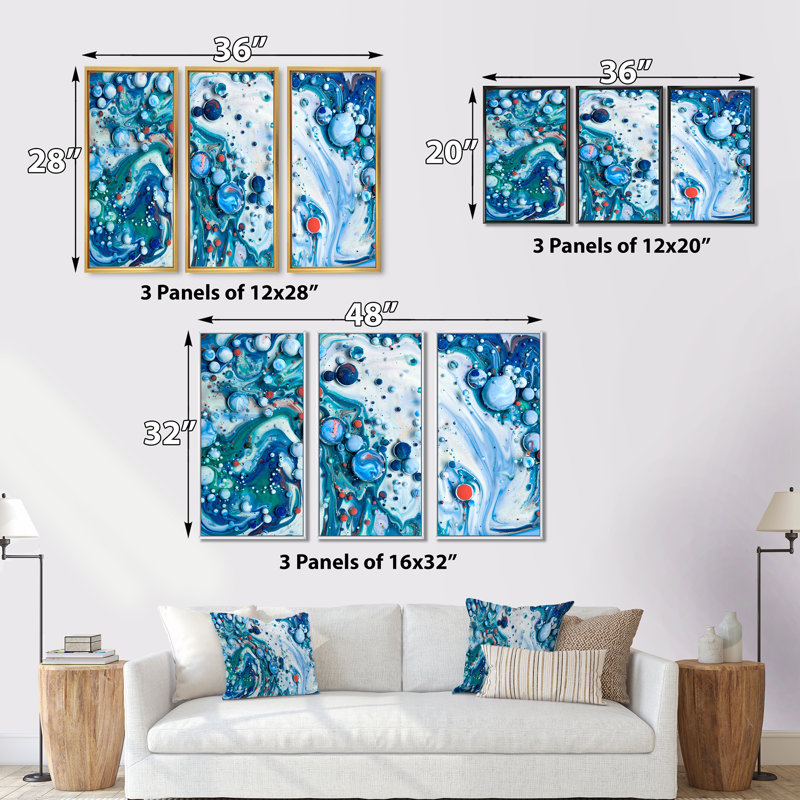 «Blue Luxury Abstract Fluid Art XXIII», ensemble d'art mural moderne sur toile encadrée, H 32 po x l 48 po x P 1 po, Or