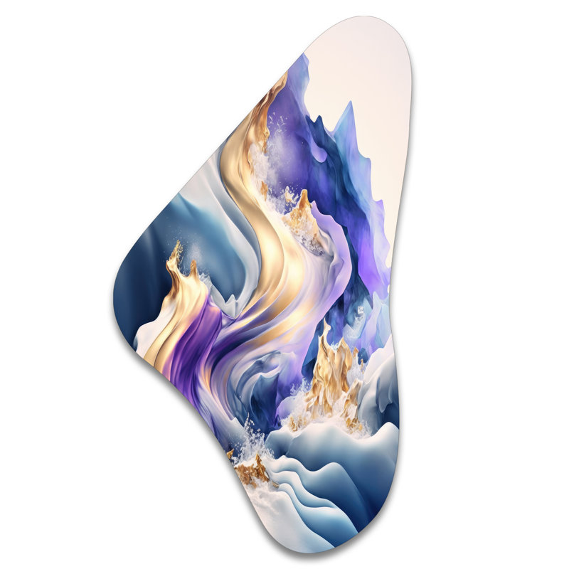 «Blue and Gold Splash Paint III», spirales abstraites, art mural en métal, impression asymétrique bleue sur métal