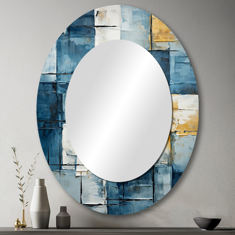 Cerulean Cubism Shapes I - Grand miroir mural ovale sur métal, 43 po x 33 po
