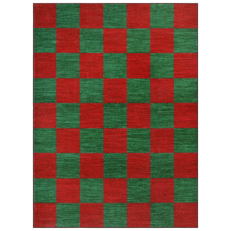 Washable Christmas Rug Checkered Decorative Carpet with Non-Slip Backing, Stain-Resistant Low Pile Floor Mats, Foldable Holiday Indoor Rug for Bedroom, Living Room, Nursery