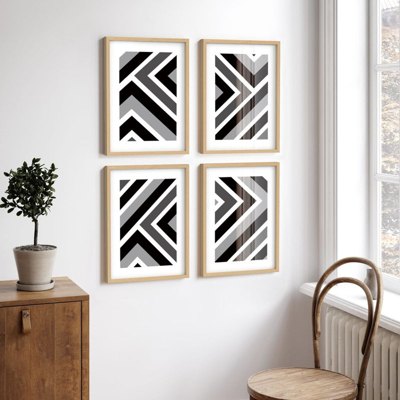 Art mural encadré, ensemble de galerie, illusion optique, rayures, lignes géométriques, art numérique abstrait Mid-Century moderne noir et blanc pour le salon, la chambre à coucher, le bureau