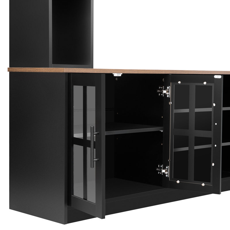 Meuble télé de 243 cm de large pour téléviseurs de 203 cm, meuble télé moderne avec portes en verre trempé, plusieurs étagères, et possibilité d'incliner votre espace de vie vers le haut grâce à ce meuble mural. Comprend du rangement pour console multimédia et un câblage apparent.
