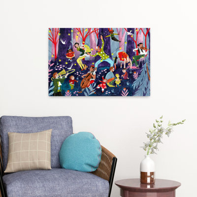 Circus Performers And Children In The Forest Abstract Contemporary Forest Landscape Wall Art by Caroline Bonne Muller - Wrapped Canvas Print