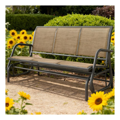 3-Person Outdoor Porch Glider Swing with Mesh Seats, Brown and Grey Metal Patio Bench for Garden, Deck and Patio