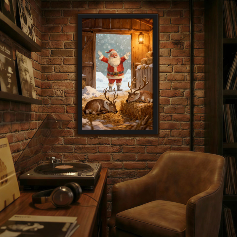 Noël, père Noël, renne, grange, scène hivernale, H 18 po x l 12 po