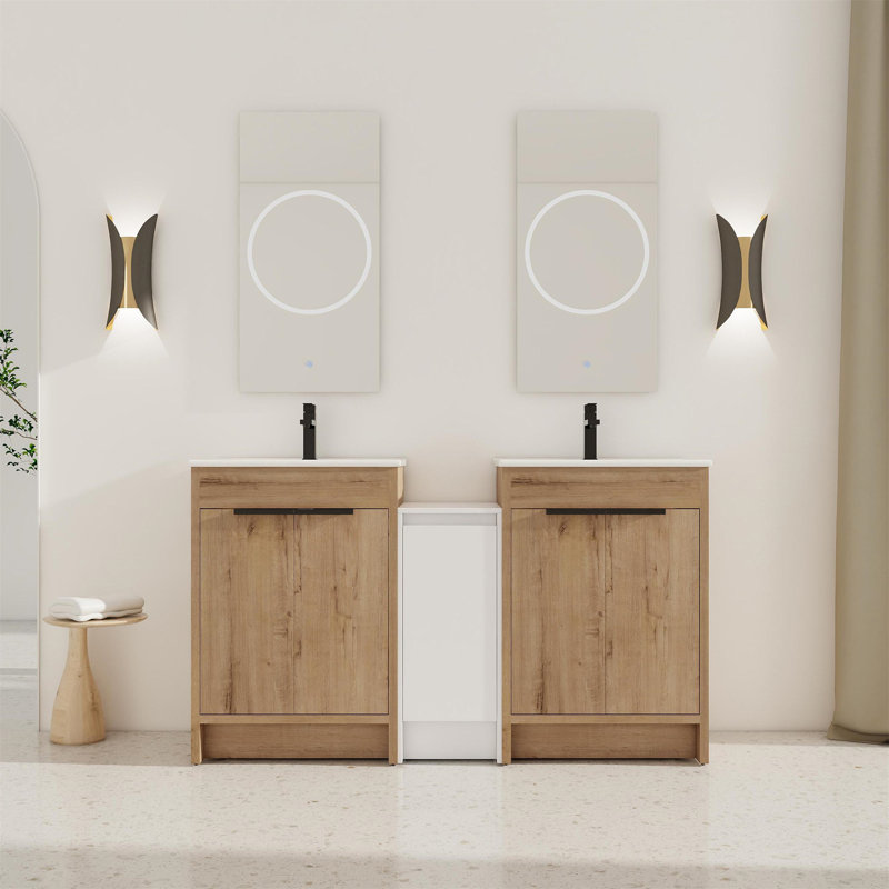 Meuble-lavabo autoportant avec lavabo en céramique et armoires de rangement, Blanc brillant / chêne imitation, 72", Blanc