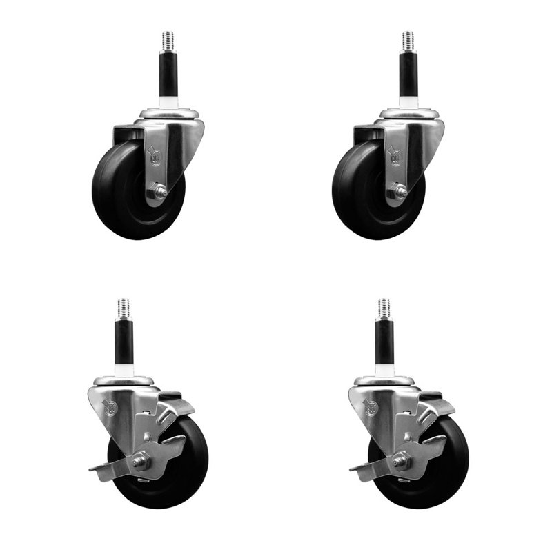 3.5 Inch SS Soft Rubber Wheel Swivel 7/8 Inch Expanding Stem Caster Set 2 Brakes SCC