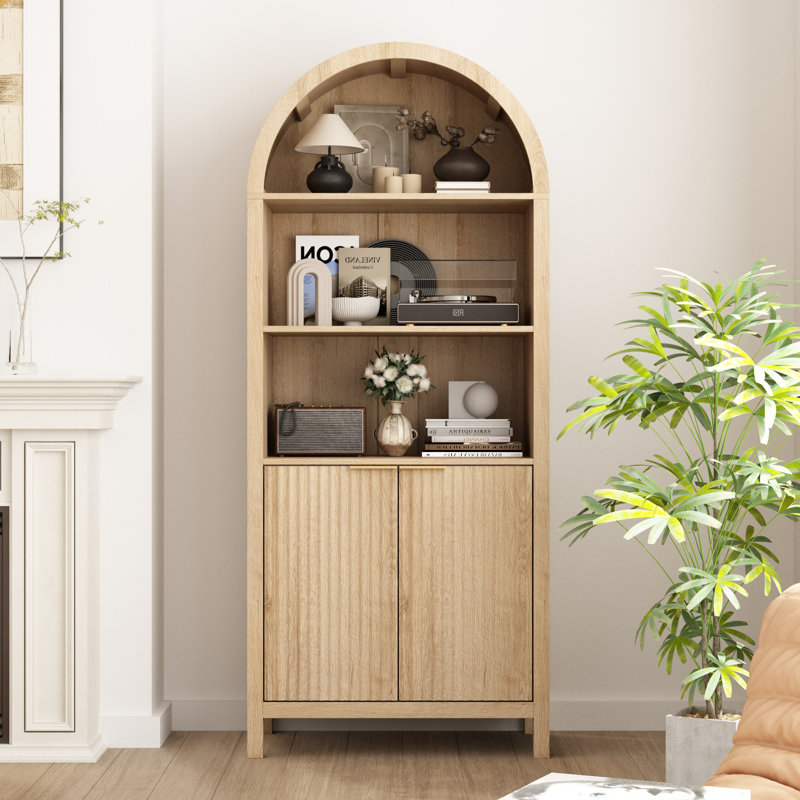 71''H Arched Cabinet 5-Tier Bookcase with Fluted Door and Adjustable Shelves, Natural