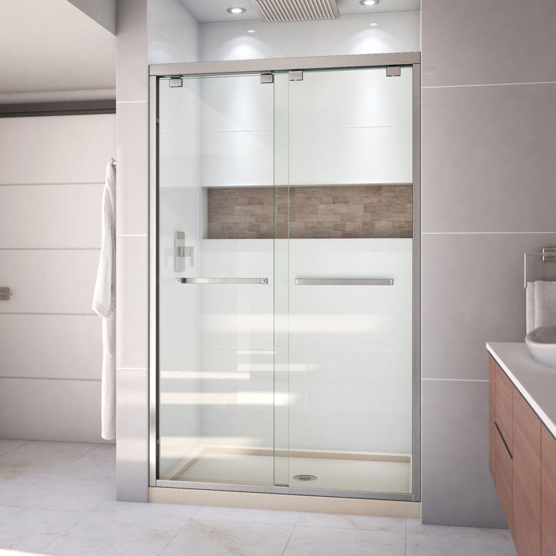 Encore 78.75" H Semi-frameless Sliding Shower Enclosure, Brushed Nickel/Biscuit, Center