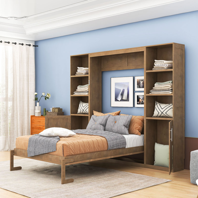 Grand lit escamotable à cadre en bois avec tablettes et armoires