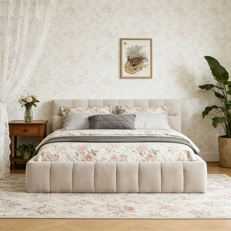 Structure robuste en chenille avec tête de lit, sans sommier tapissier, lit solide et robuste, Beige, Grand lit