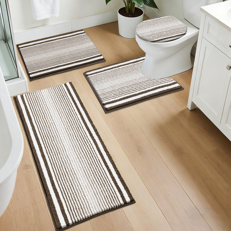 4 Piece Soft Absorbent Microfiber Bath Rug Set With Non-Slip Backing (Set Of 4), Brown/White