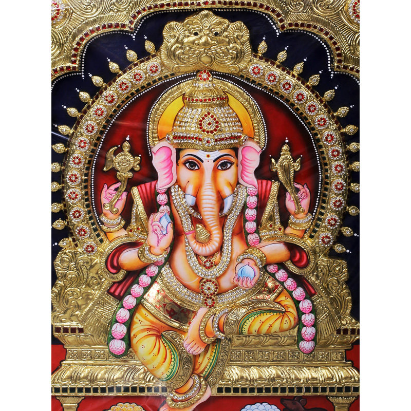 Lord Ganpati assis | Couleurs traditionnelles avec or 24 carats | Avec cadre | Or et bois | Fait à la main