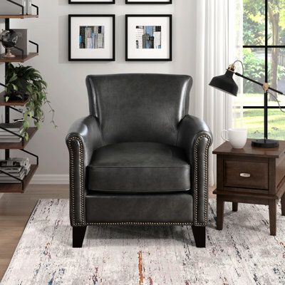 Chaise d'appoint de salon grise, bois massif et contreplaqué, base transitionnelle de meubles de 33,75 po de profondeur, rembourrage à ressorts ensachés, garniture cloutée