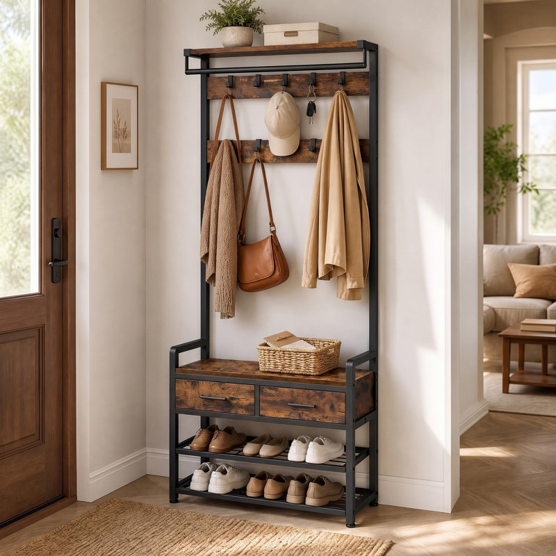 Hall Tree With Bench And Shoe Storage, Vintage Brown/Ink Black