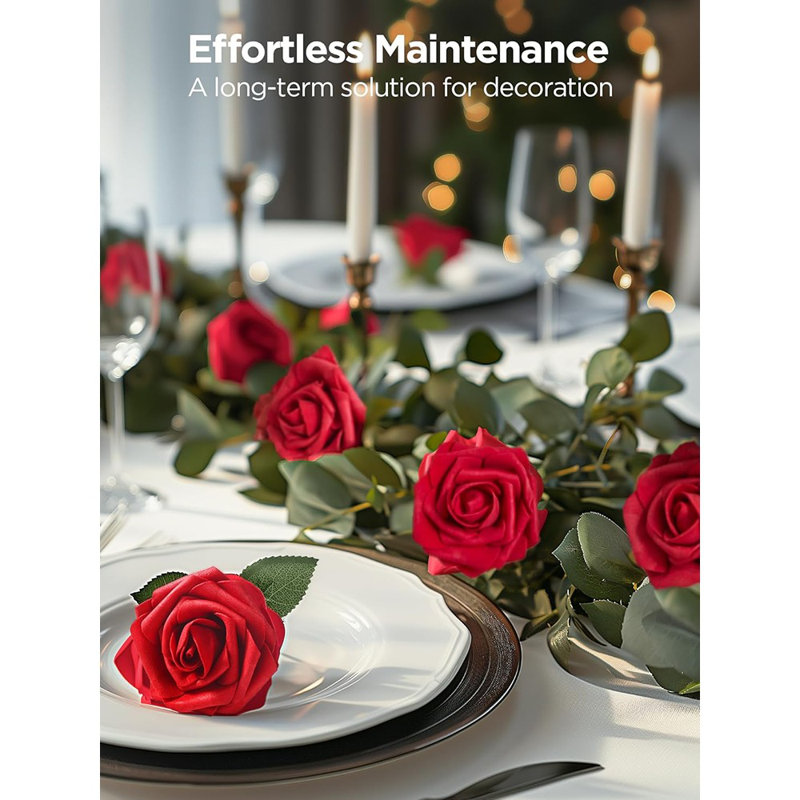 Fleurs artificielles, 50 pièces de roses artificielles en mousse rouge foncé en vrac avec des tiges pour la décoration 