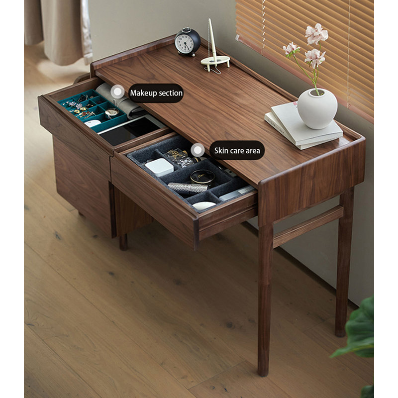 Bureau intégré minimaliste avec coiffeuse en noyer minimaliste, idéal pour les petites chambres