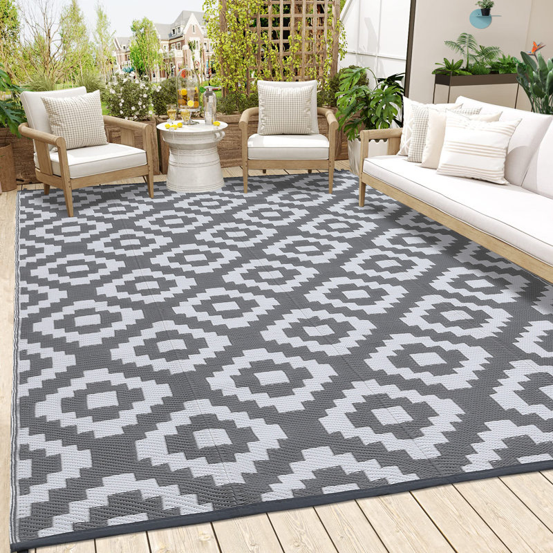 Geometric Outdoor Mats Plastic Straw Rug Waterproof Washable Outdoor Rug for Garden Backyard Picnic Camping RV Deck Beach Trailer