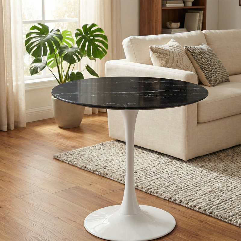 Table d'appoint ronde en marbre artificiel Lippa, Noir, Blanc