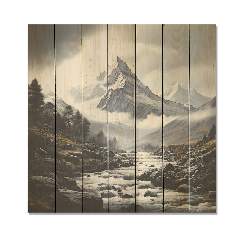 Paysage de montagne suisse brouillard III - fruits sur bois, H 36 po x l 36 po