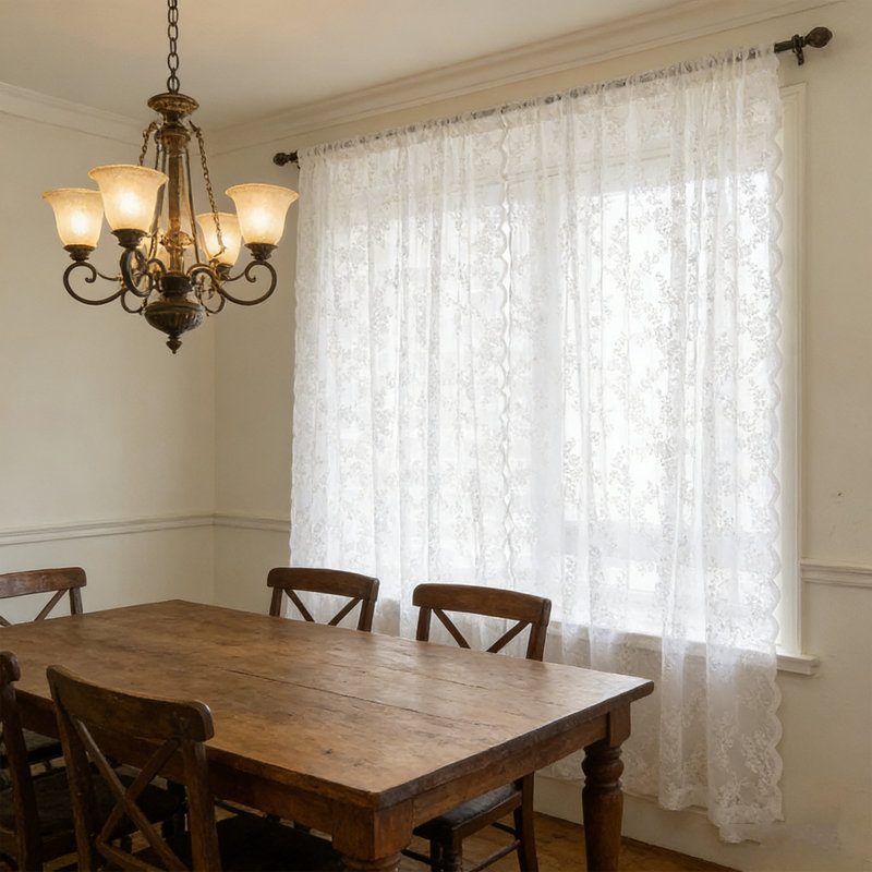2pcs White Lace Curtains Scalloped Sheer Vintage Embroidered Window Treatment with Rod Pocket for Bedroom Kitchen Sun-Room