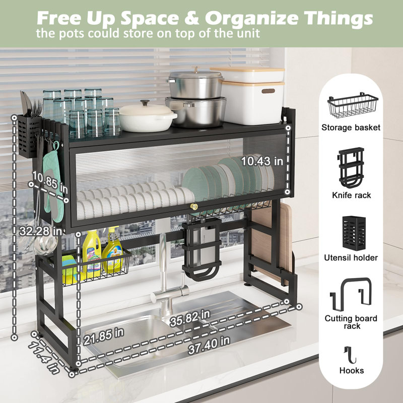Large Black Metal Over-the-Sink Dish Drying Rack with Utensil Cup